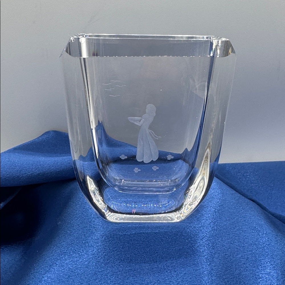 Orrefors Etched Glass Vase, girl feeding birds etched on the front